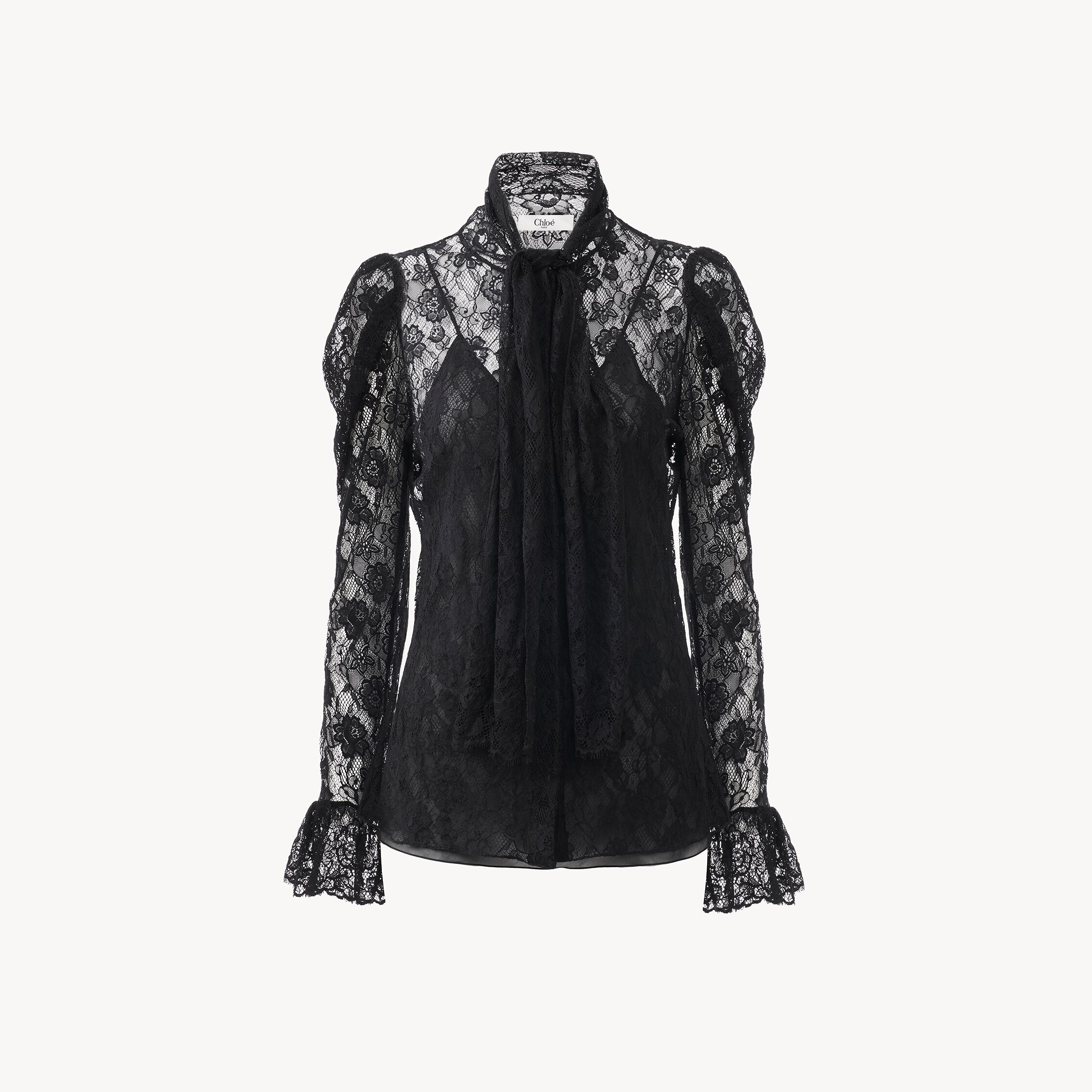 Chloé Puff-sleeve Lavallière Top In Floral Lace Jacquard In Black