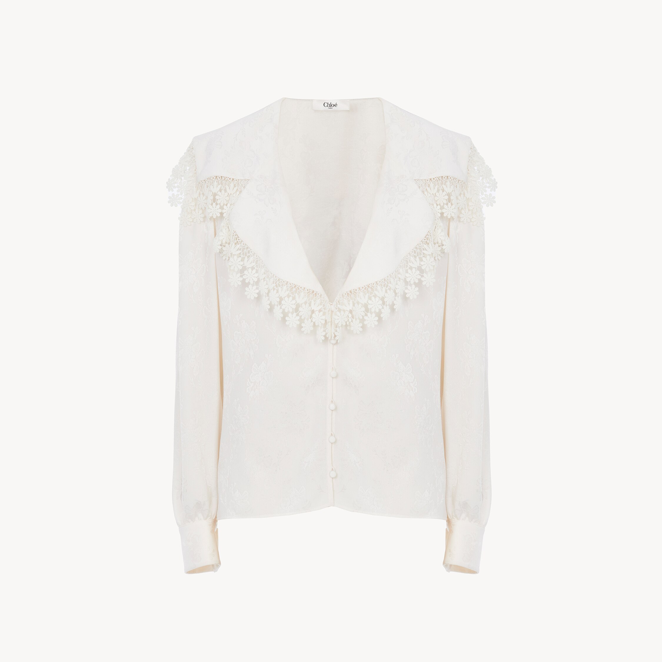 Chloé Blouse Col Oversize En Soie Jacquard Et Dentelle In White